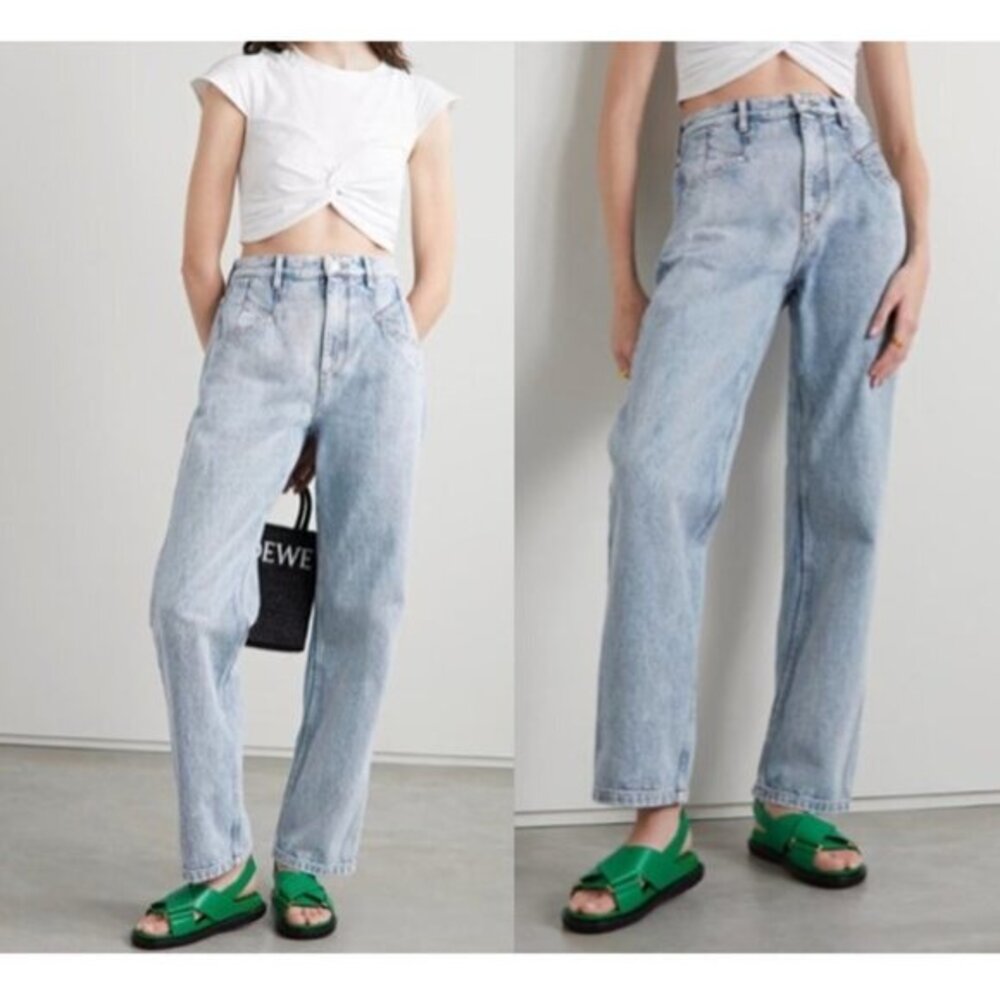 ISABEL MARANT Nadege Distressed Fringe Hem Straight Leg Jeans in Wash Light Blue